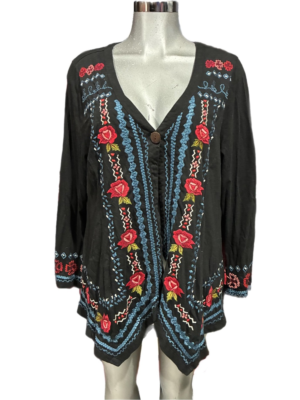 Soft Surroundings Cardigan Floral Embroidery Cotton Folk-Art 3/4 Sleeve XL